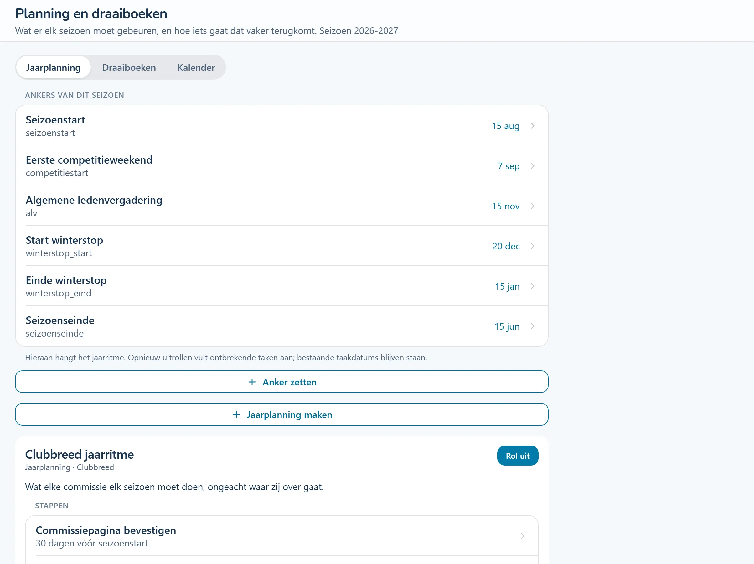 Jaarplanning met taken, datums en verantwoordelijke commissies.